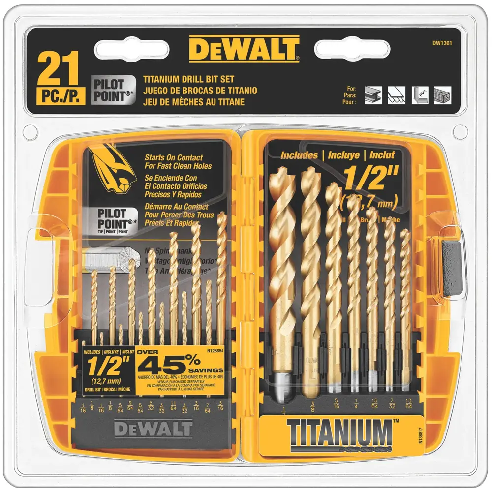 DEWALT 21PC Titanium Nitride Coating Pilot Point Drill Bit Set DEW