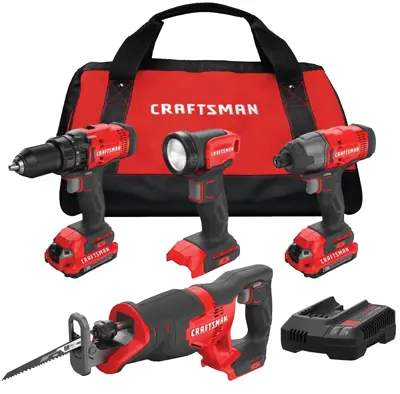 Craftsman V20 4Tool 20Volt Max Power Tool Combo Kit With Soft Case 2Batteries Included And Charger Included