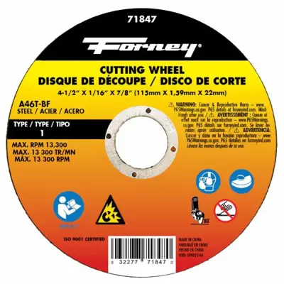 Forney 71847, Cut-Off Wheel, Metal, Type 1, 4-1/2 in x 1/16 in x 7