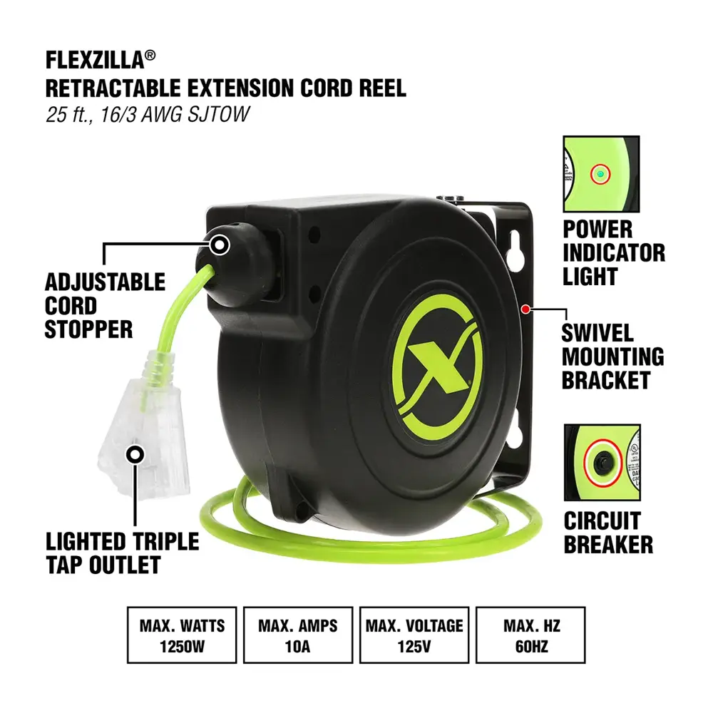 Flexzilla® Retractable Extension Cord Reel, 25', 16/3 AWG SJTOW