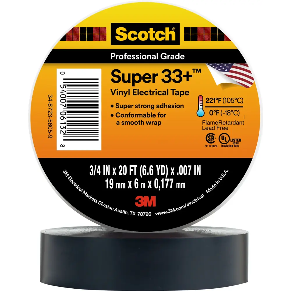 Scotch® Super 33+ Vinyl Electrical Tape 3/4 in x 20 ft Black MMM